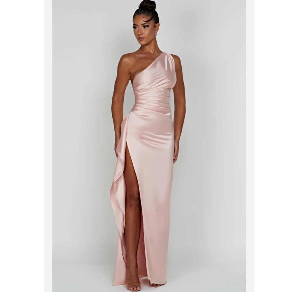 Babyboo Ariel Blush Satin One Shoulder Maxi Dress New Size M